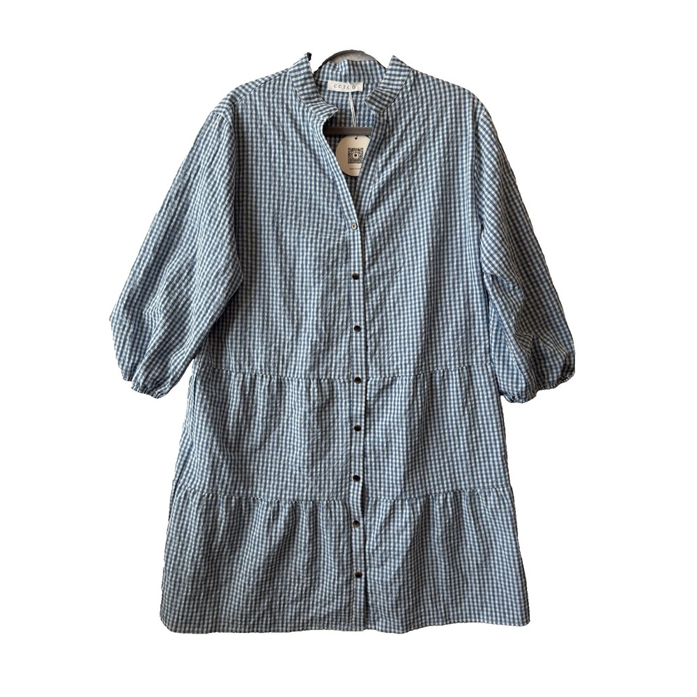 CCTOO Blue Gingham Tiered Shirt Dress NWT Boho Cottagecore Puff Sleeve XL Flowy